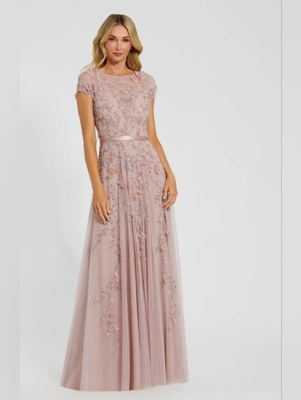 Macduggal Floral Beaded Mocha Pink Short Sleeve Evening Gown dress gown 12